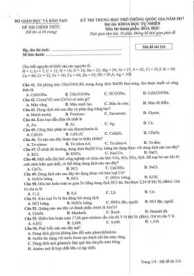 Đề thi Trung học phổ thông Quốc gia môn Hóa học năm 2017 - Mã đề 216